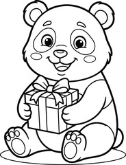 Obraz premium Cute panda bear, gift box, black and white vector, illustration, coloring book, children's art