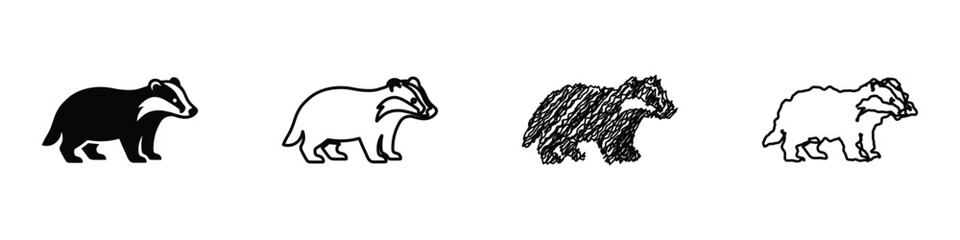 Four distinct badger illustrations, including a silhouette, outline, sketch, and rough drawing, perfect for diverse design needs © 7Author