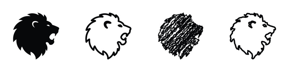 A set of four distinct lion head graphics, showcasing silhouette, outline, scribble, and rough sketch variations for diverse design needs © 7Author