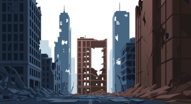 Apocalyptic City Ruins Illustration Vector Design Depicting A Devastated Urban Landscape With Fallen Buildings In A Post-War Scene E