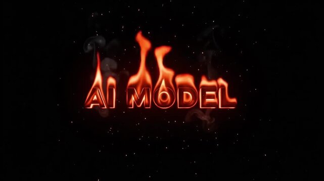 Ai model text burning with intense bright orange flames and glowing sparks in a dynamic digital animation sequence that features flickering light effects and rhythmic smoky patterns rising upwards aga