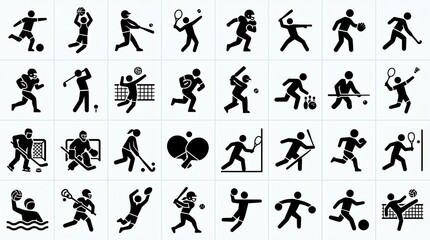 Fototapeta premium Collection of twenty‑four solid black icons depicting ball games and sports activities, symbolizing athletic movement, competition, and recreation in modern minimalist graphic design.