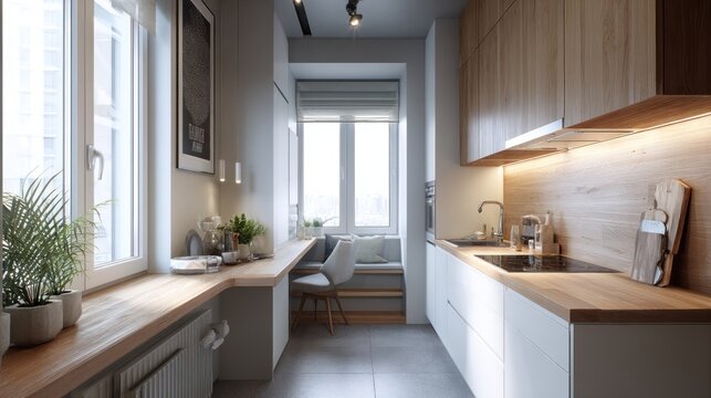 Sleek galley kitchen featuring wooden counters, white cabinets, large windows, green plants, and a cozy window nook