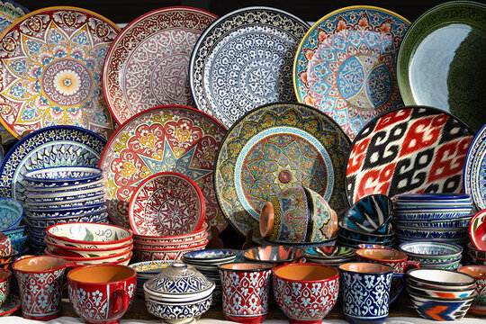 Colorful handmade Uzbek ceramics displayed at Siab bazaar in Samarkand. Decorative plates, bowls, and cups with traditional patterns ideal for travel and culture content.
