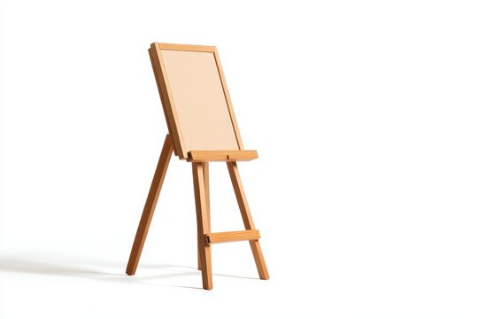 A wooden artist easel standing empty, featuring a blank canvas support frame, isolated on white background
