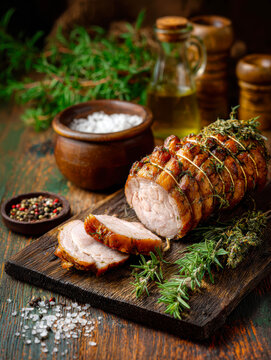 Rustic Smoked Pork Loin with Herbs on Wooden Table .AI Generative