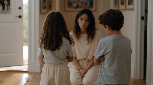 Two siblings face away from each other in a hallway, arms crossed, mother kneeling between them mediating a conflict, sibling rivalry resolution parenting, family argument