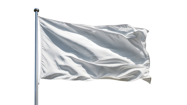 Waving white fabric flag on metal pole, isolated on transparent background