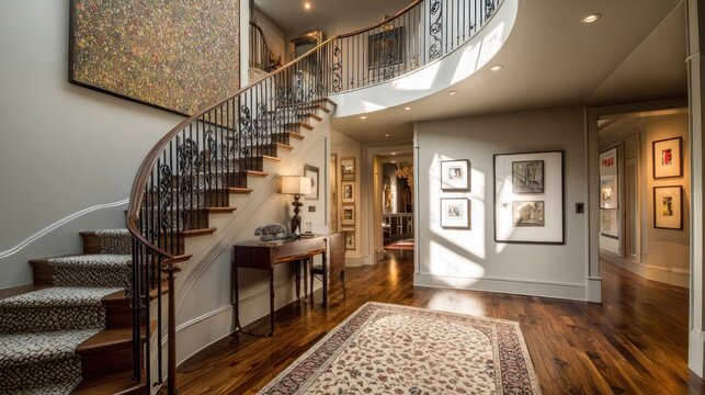 Grand entry hall with curved staircase, ornate railing, fine artwork, warm wood floors, and a runner rug, creating a luxurious vibe