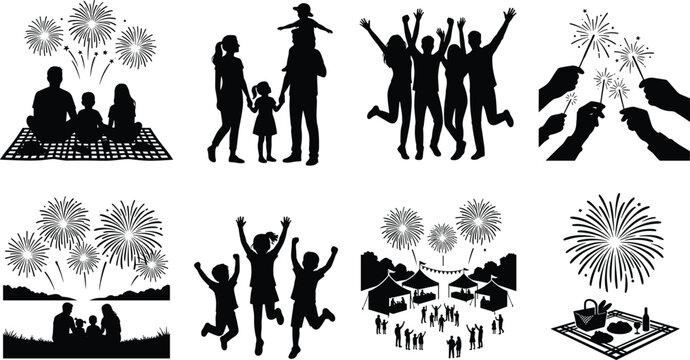 Black silhouette illustrations of families, children, and crowds celebrating with fireworks, sparklers, picnics, and festive gatherings