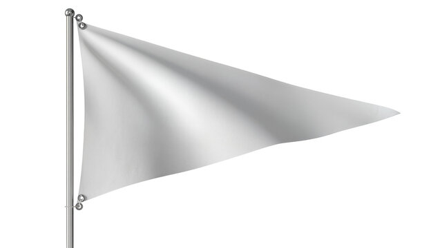 Triangular white flag waving on metal pole, isolated on transparent background