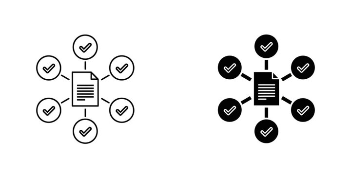 Document file icon connected to multiple checkmark approval symbols with document approval checklist verified
