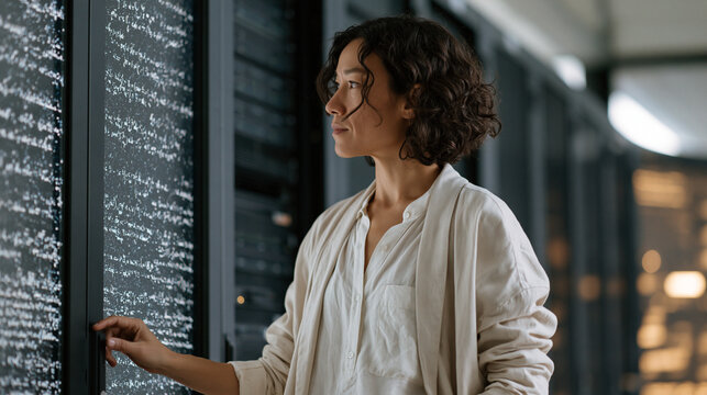 Astrophysicist woman standing alone beside towering supercomputer arrays in dimly lit research facility, manipulating holographic event horizon simulation where gravitational