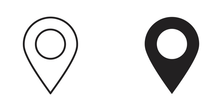 Location pin map marker icon set in outline and solid styles with location navigation position destination traveling
