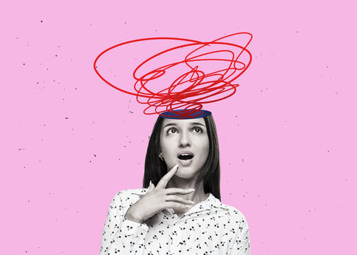 Flat art - conceptual artwork of a fearful girl with colorful visual chaos above and in her head. Vertical poster with copy space.