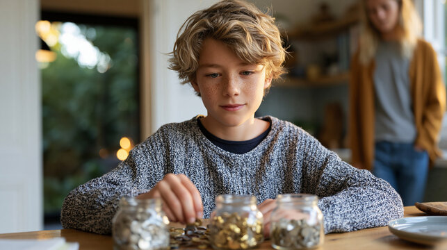 Ten-year-old child sits at kitchen table carefully sorting coin denominations into labeled jars marked savings, spending, and giving, parent watching from doorway, financial