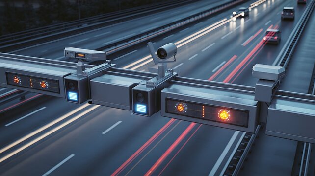 Highway toll booth with electronic toll collection systems and security cameras at night traffic