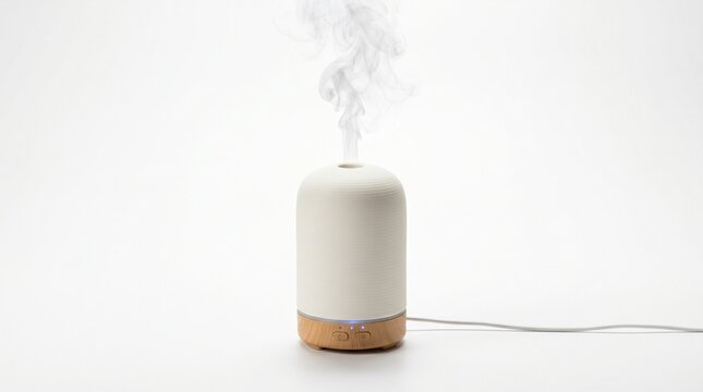 Electric aromatherapy diffuser emitting steam on white background with diffuser
