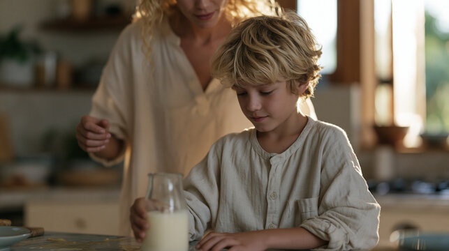 Mother hovers two feet behind a six-year-old attempting to pour juice alone in a kitchen, arms slightly raised ready to intervene, helicopter parenting behavior, overprotective