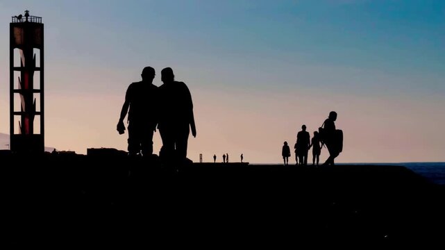 Silhouette of people walking on a beach at sunset with a tower