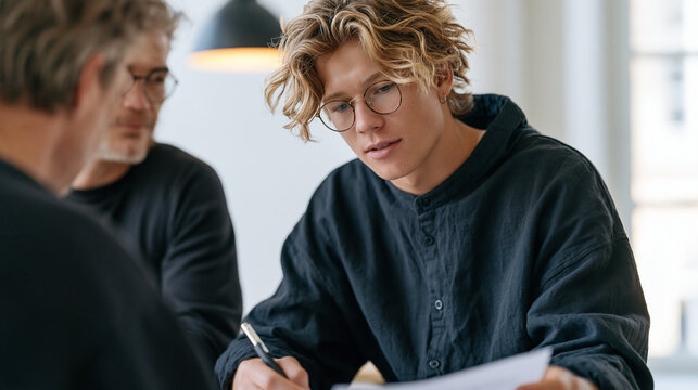 Machine learning intern on the first day of a prompt engineering role, seated across from a senior engineer who is annotating a printed prompt taxonomy document, the mentorship