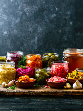 Assorted Fermented Vegetables and Pickled Foods in Glass Jars. AI generative.