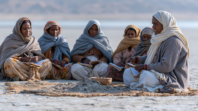 Women-led farmer group in northern India conducting a soil health assessment workshop on a dry riverbed, cooperative leader demonstrating a simple nitrate test kit to a seated