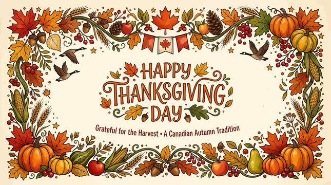 Thanksgiving Day Wreath Design with Autumn Pumpkins, Maple Leaves, Corn, Acorns, Birds, and Harvest Banner