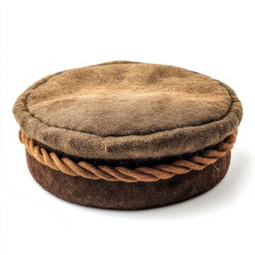 Traditional brown felt pakol hat with rope detail isolated on white background