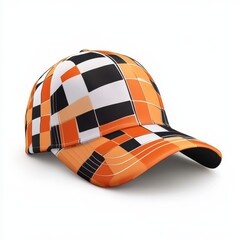 Fototapeta premium Modern baseball cap with a geometric orange, black, and white checkered pattern isolated on white background
