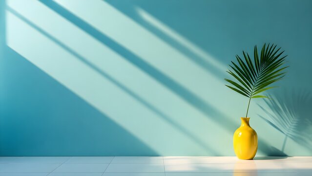 Modern Tropical Interior Background with Turquoise Wall, Palm Leaf Vase and Sunlight Shadows