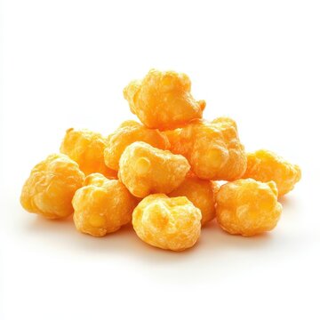 A pile of crunchy cheeseflavored corn puff snacks isolated on white background