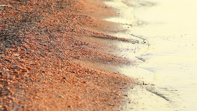Golden sunset casting warm light on sandy beach, small waves lapping gently on shore, calm ocean reflecting sunlight, serene seaside scene ideal for travel, meditation, or relaxation clips