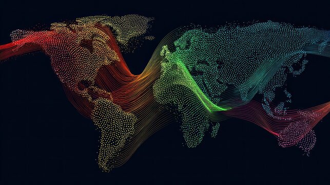 A world map formed from flowing, colored particles and lines, creating a data visualization effect against a dark background