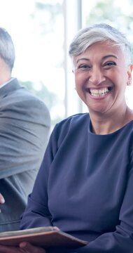 Face, business and happy with woman in waiting room, recruitment and job interview for vacancy. Portrait, mature people and candidates in workplace for hiring, human resources process and onboarding