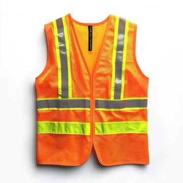 Bright orange high visibility safety vest with reflective strips isolated on white background