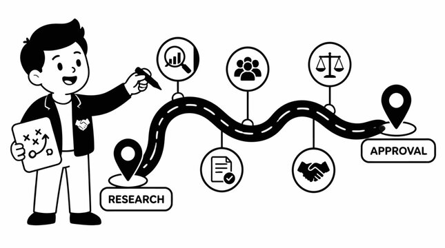 Illustrated workflow process from research to approval.