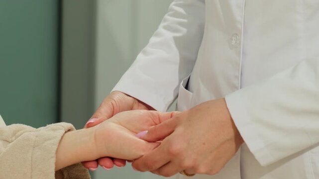 Doctor gently holds woman patient hand during supportive ward check. Medical specialist steadies fingers comforting woman through touch
