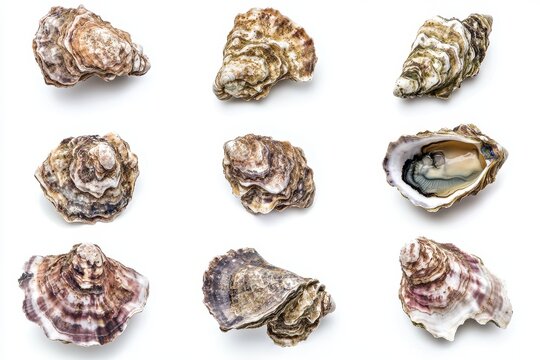 Set of raw oyster shells in different angles isolated on white background