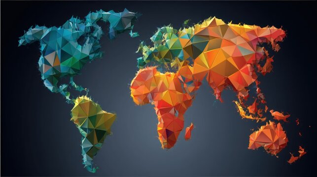 Abstract world map made of colorful, geometric triangles on a dark background