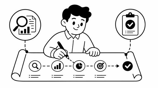 Cartoon man analyzing data on a large scroll with icons.