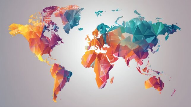 Geometric world map polygonal, colorful continents on a gradient gray background