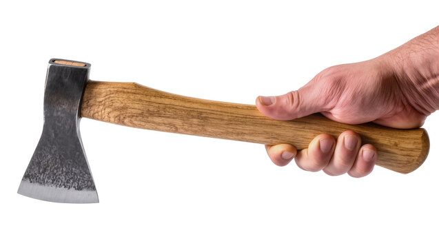 Man s hand holding a sharp metal axe with a wooden handle, isolated on transparent background