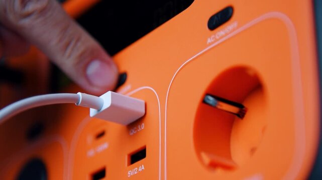 Hand plugging USB cable into portable power station. Charging electronic device using battery bank. Energy storage and sustainable power supply concept.