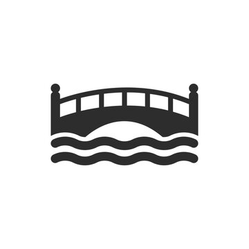 Bridge over water and urban crossing icon. Small pedestrian bridge above river. Monochrome black and white symbol