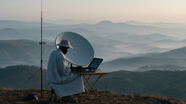 Agricultural extension officer on a hilltop installs a rural connectivity antenna above mist-covered valley farmland, a fiber-optic junction box open on a folding table as distant