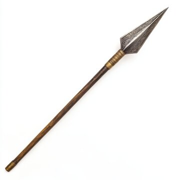 Ancient metal spear with an ornate blade and wooden shaft isolated on white background