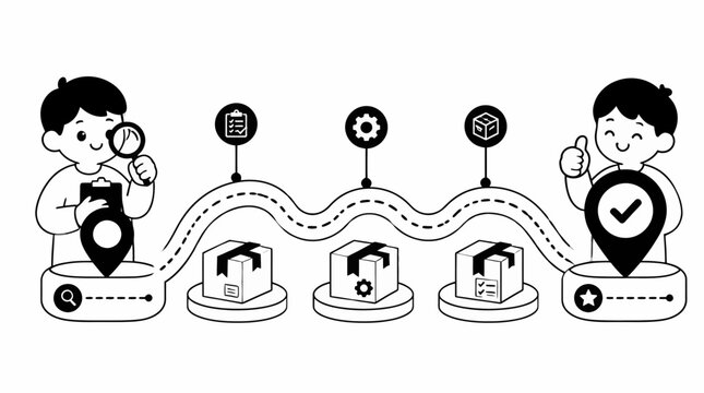 Illustration of supply chain management process with icons and characters.