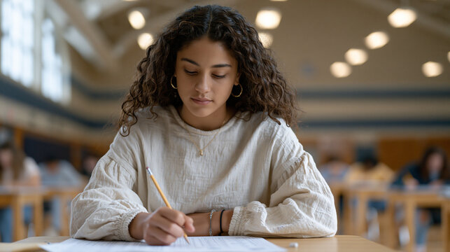 Standardized test student gripping pencil above answer sheet in gymnasium converted to testing hall, rows of individual desks extending into distance, anxiety evident in hunched