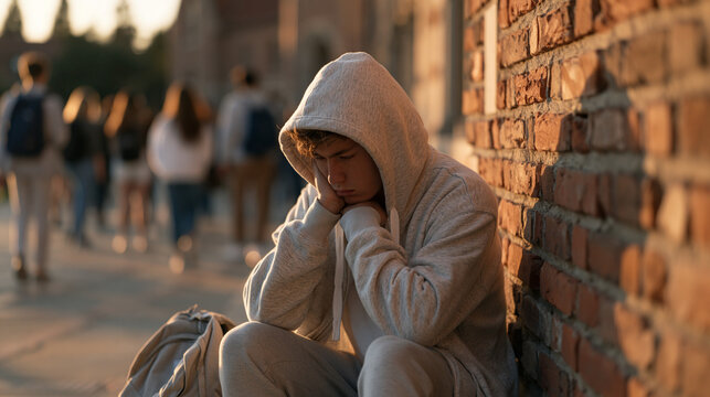 College student slumped against a brick campus wall during golden hour, backpack at his feet, face in his hands, surrounded by passing students, capturing the quiet struggle of